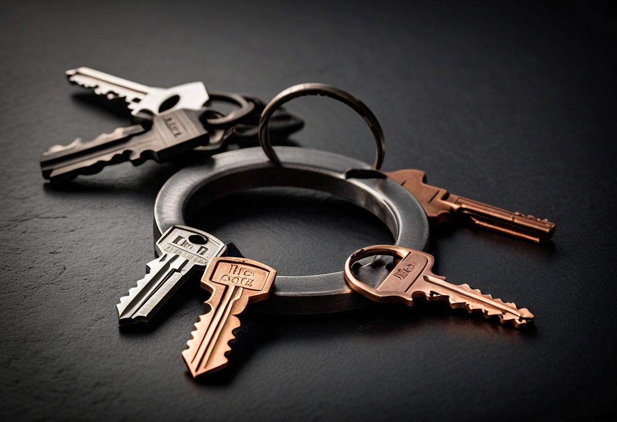 Three brass keys arranged in a circle on brushed steel surface, each pointing toward the edge.