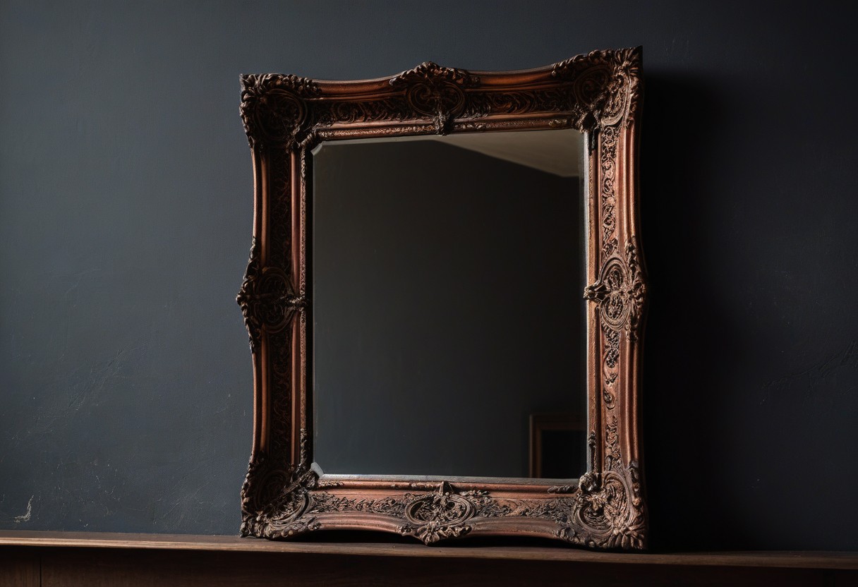 Ornate mirror leans against bare wall, its reflective surface catching bright directional light across an empty room.