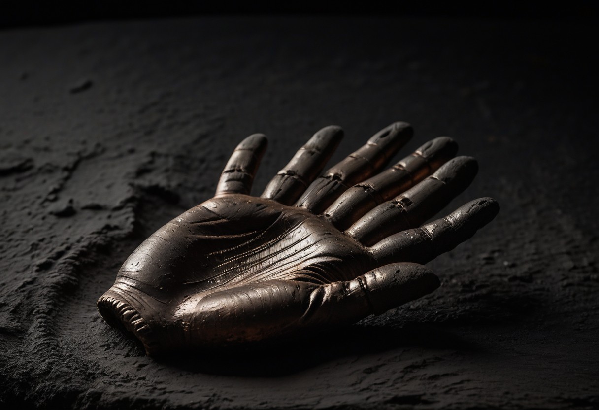 Open palm pressed into wet clay with deep ridges and fingerprints visible under dramatic side lighting.
