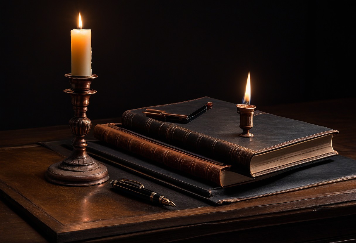 Wooden desk with open leather-bound journal, fountain pen, and lit candle creating shadows.