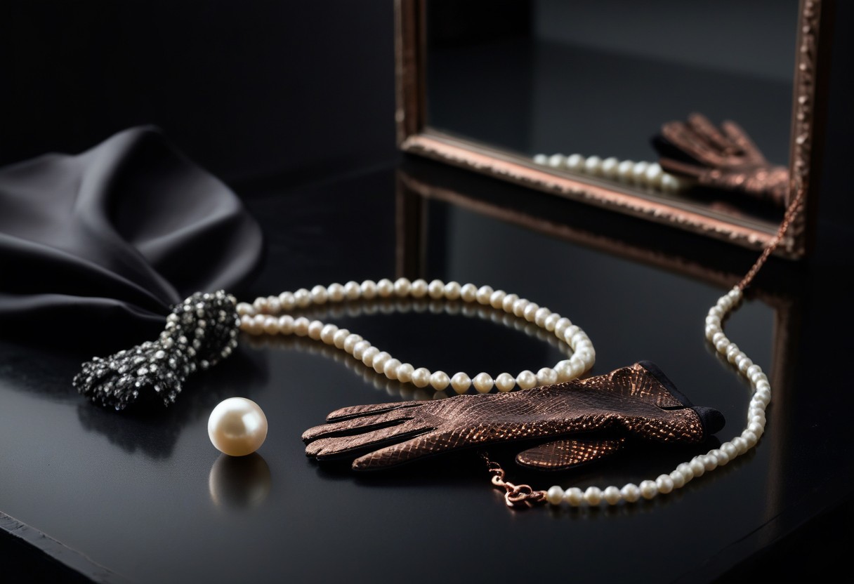 Pearl necklace and silk gloves arranged on a mirror's edge with warm light reflecting across the glass surface.