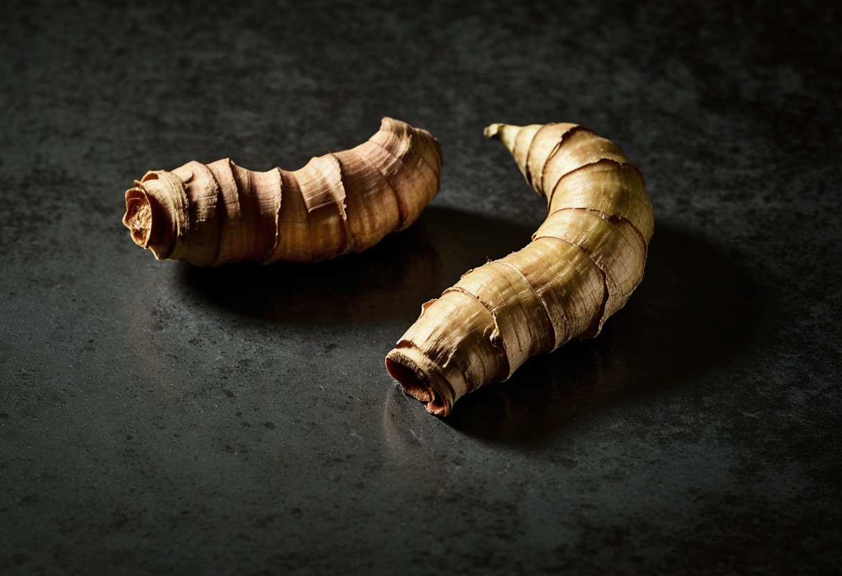 Pale peeled ginger root on dark ceramic tile with warm light creating strong shadows across the surface.