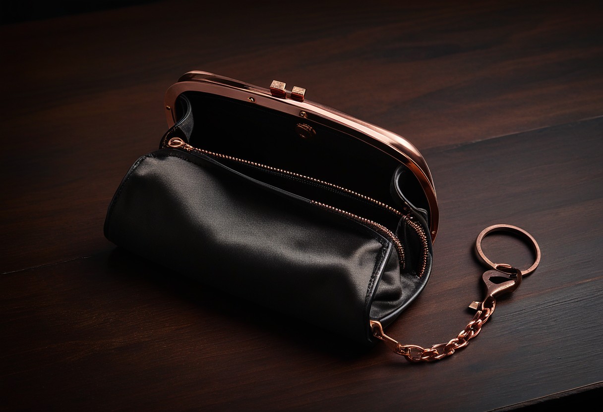 Open silk purse on dark mahogany table with spotlight illuminating its empty interior.