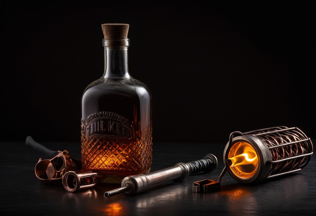 Clear glass bottle of amber liquid beside a metal flame tool, both illuminated by warm light against a dark background.
