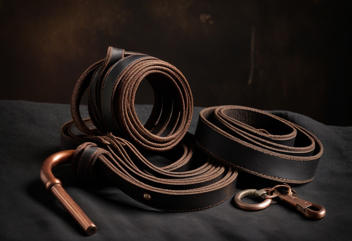 Coiled leather straps attached to a wooden handle, arranged on weathered dark fabric with soft studio lighting, lit by a single warm lamp against a dark background.