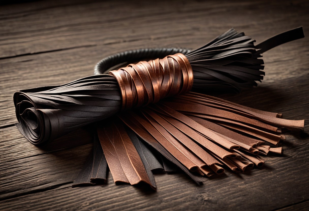 Coiled leather flogger on weathered wooden floor with dramatic directional lighting casting shadows.