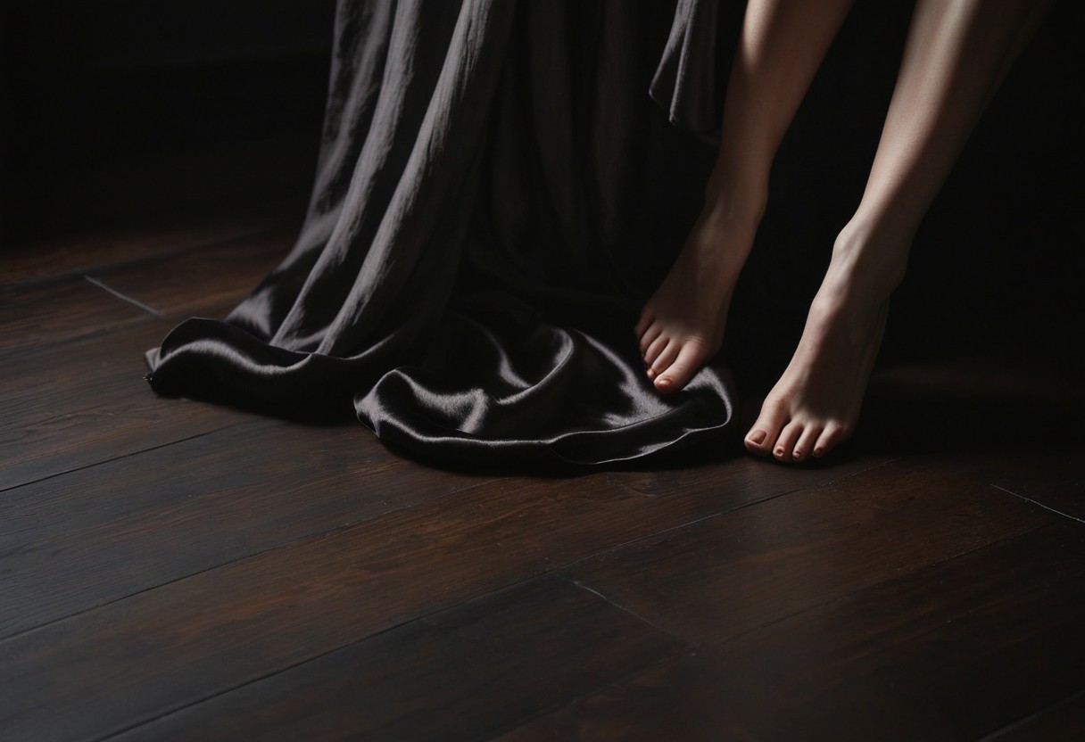Bare feet rest on a polished dark wood floor beside draped silk fabric under soft overhead light.