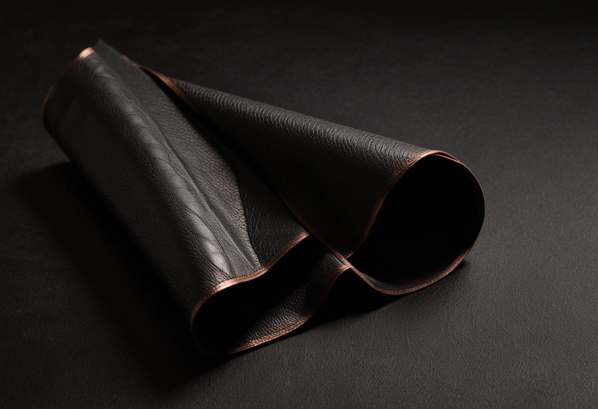 A material study of folded black latex, worn leather grain and pale silk layered on a dark surface, macro texture detail, lit by a single warm lamp against a dark background.