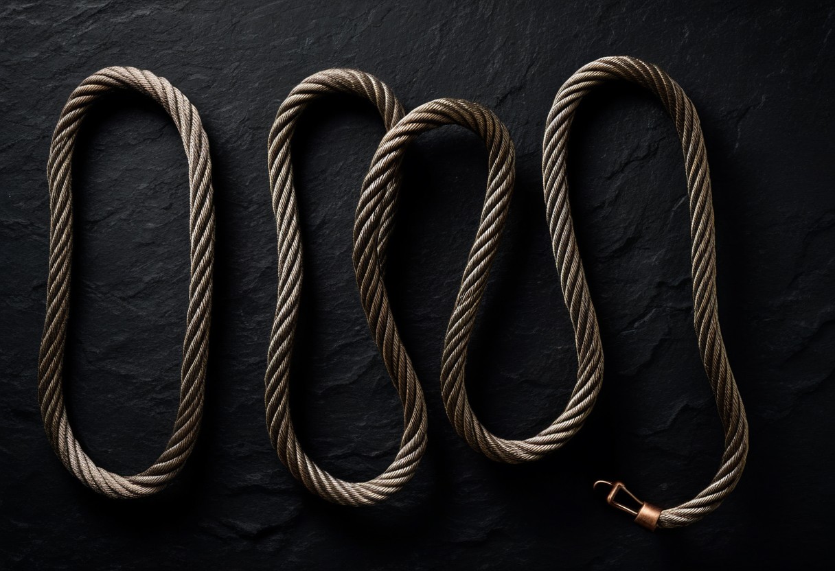 Four coils of natural rope arranged in descending sizes on dark stone, casting sharp shadows.