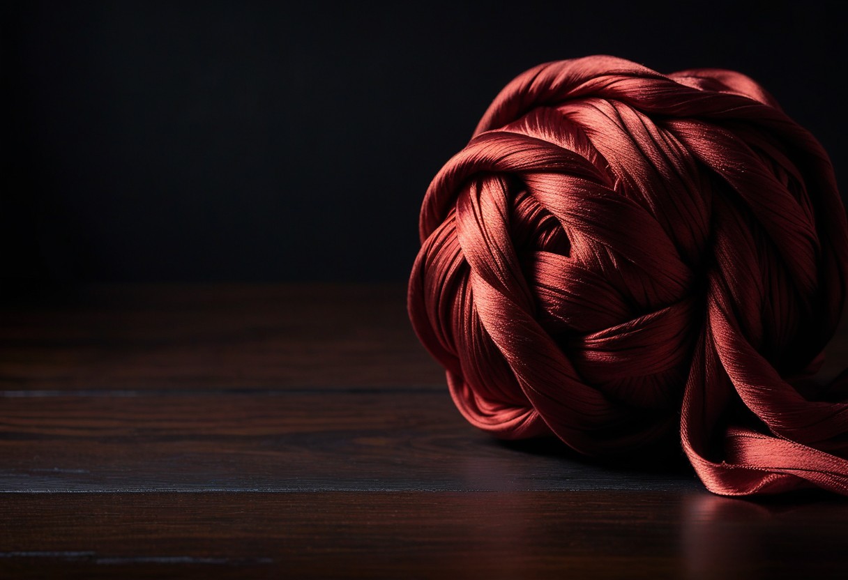Red silk fabric knotted into a ball on dark polished wood surface, lit by dramatic side lighting.