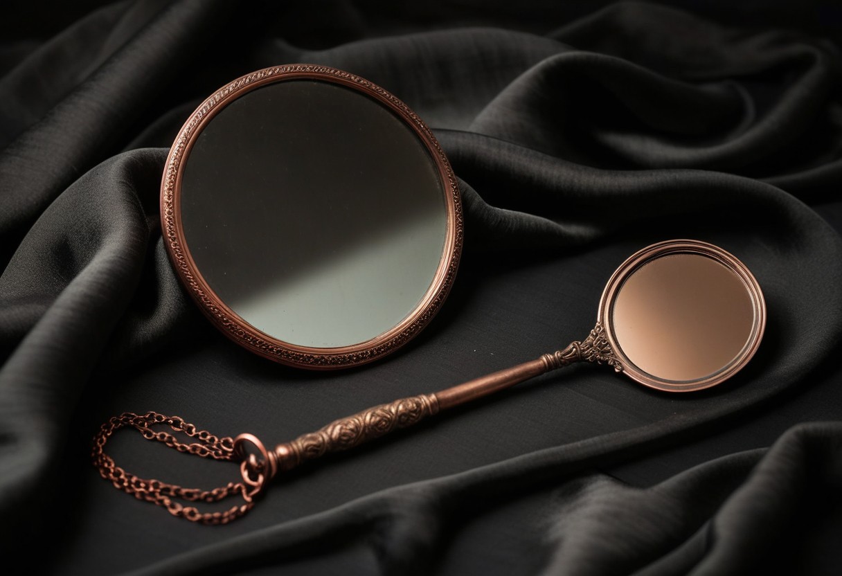 A fogged antique hand mirror face-up on dark fabric beside a length of draped silk, soft copper light, no reflection visible, lit by a single warm lamp against a dark background.