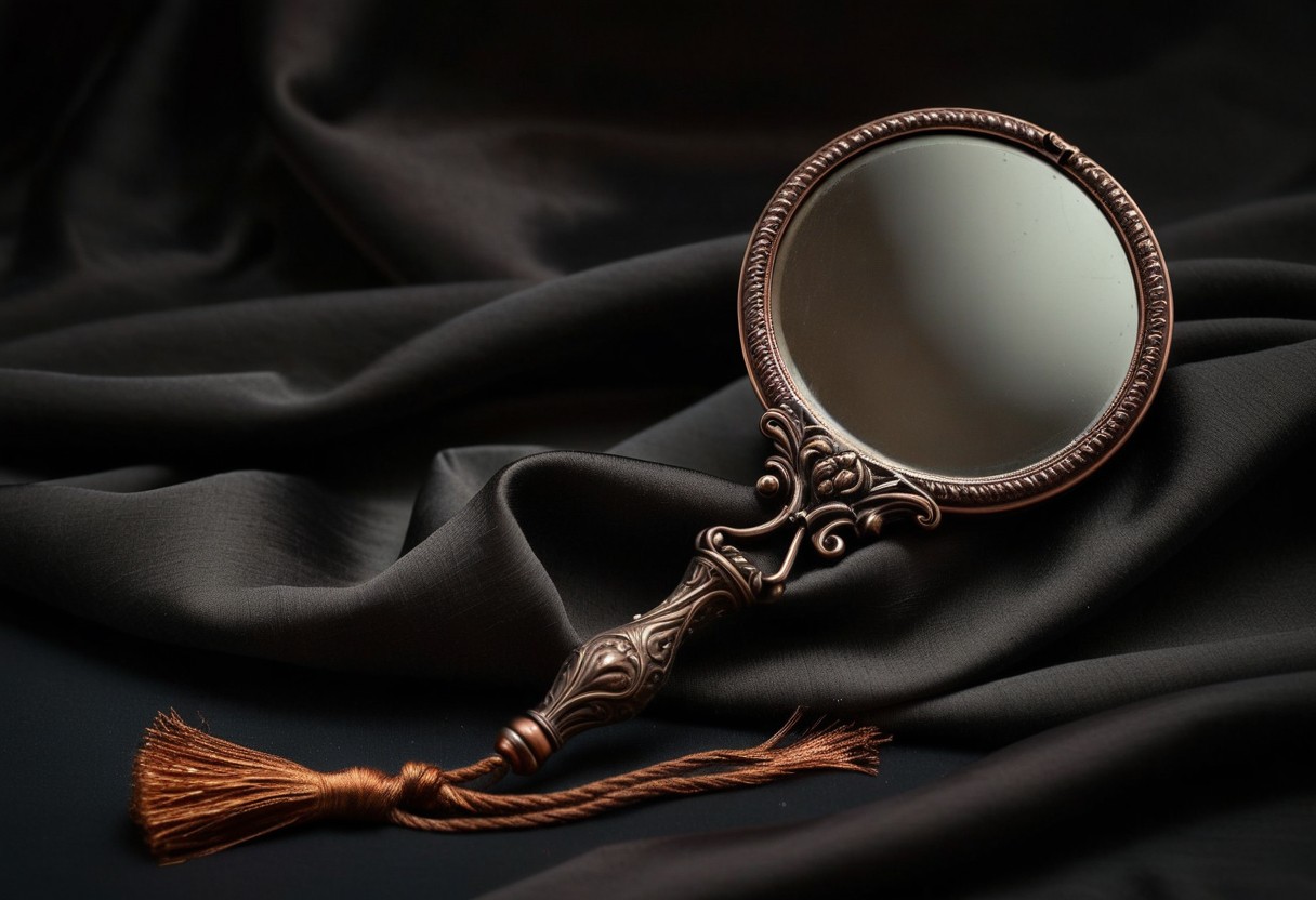 A fogged antique hand mirror face-up on dark fabric beside a length of draped silk, soft copper light, no reflection visible, lit by a single warm lamp against a dark background.