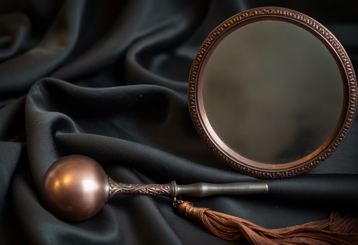 Antique hand mirror with fogged surface lies face-up on dark fabric next to draped silk in warm copper light.