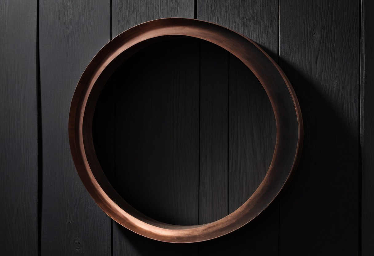 Weathered wooden partition with smooth, pale circular opening worn by repeated contact, set against deep shadow.