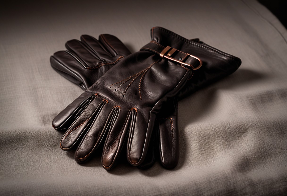 Two leather gloves lie on white linen with fingertips nearly touching, casting soft shadows that highlight their seams and texture.