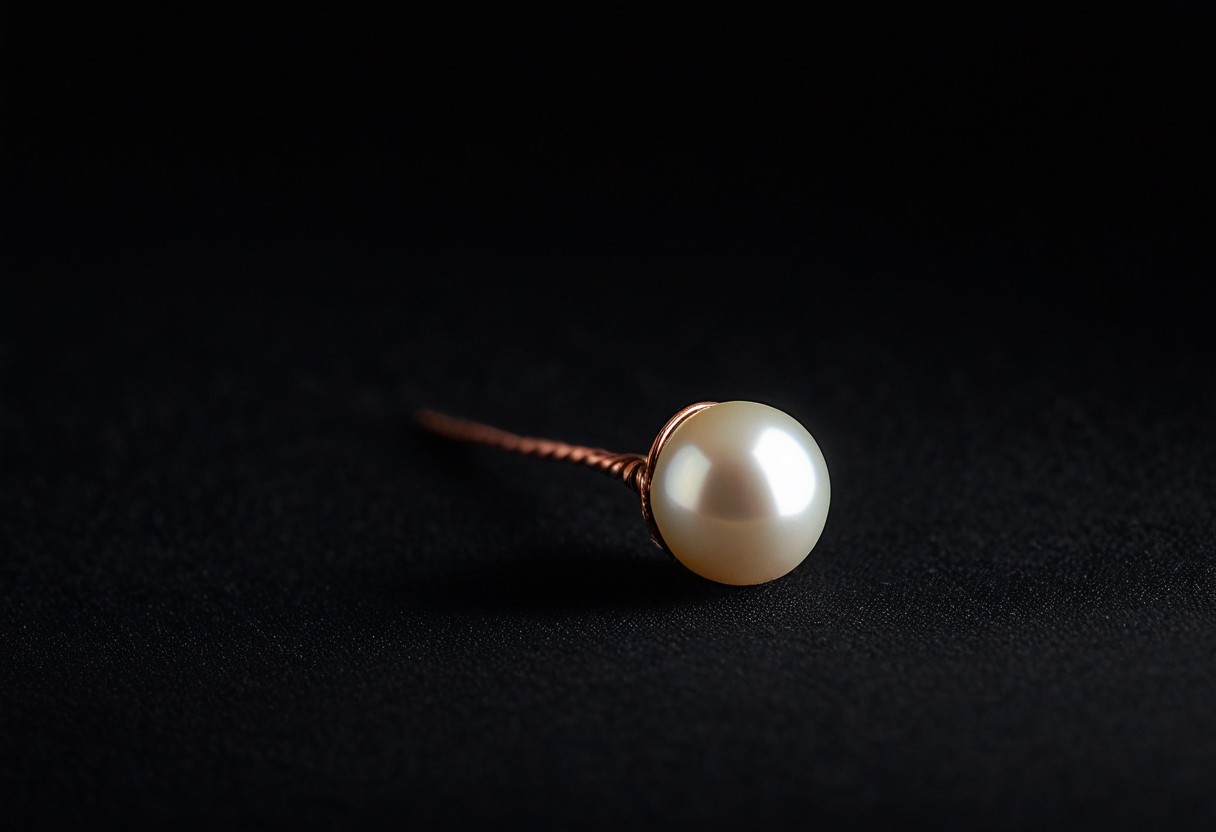 A single pearl rests on dark velvet, illuminated by angled light that creates a soft luminous glow.