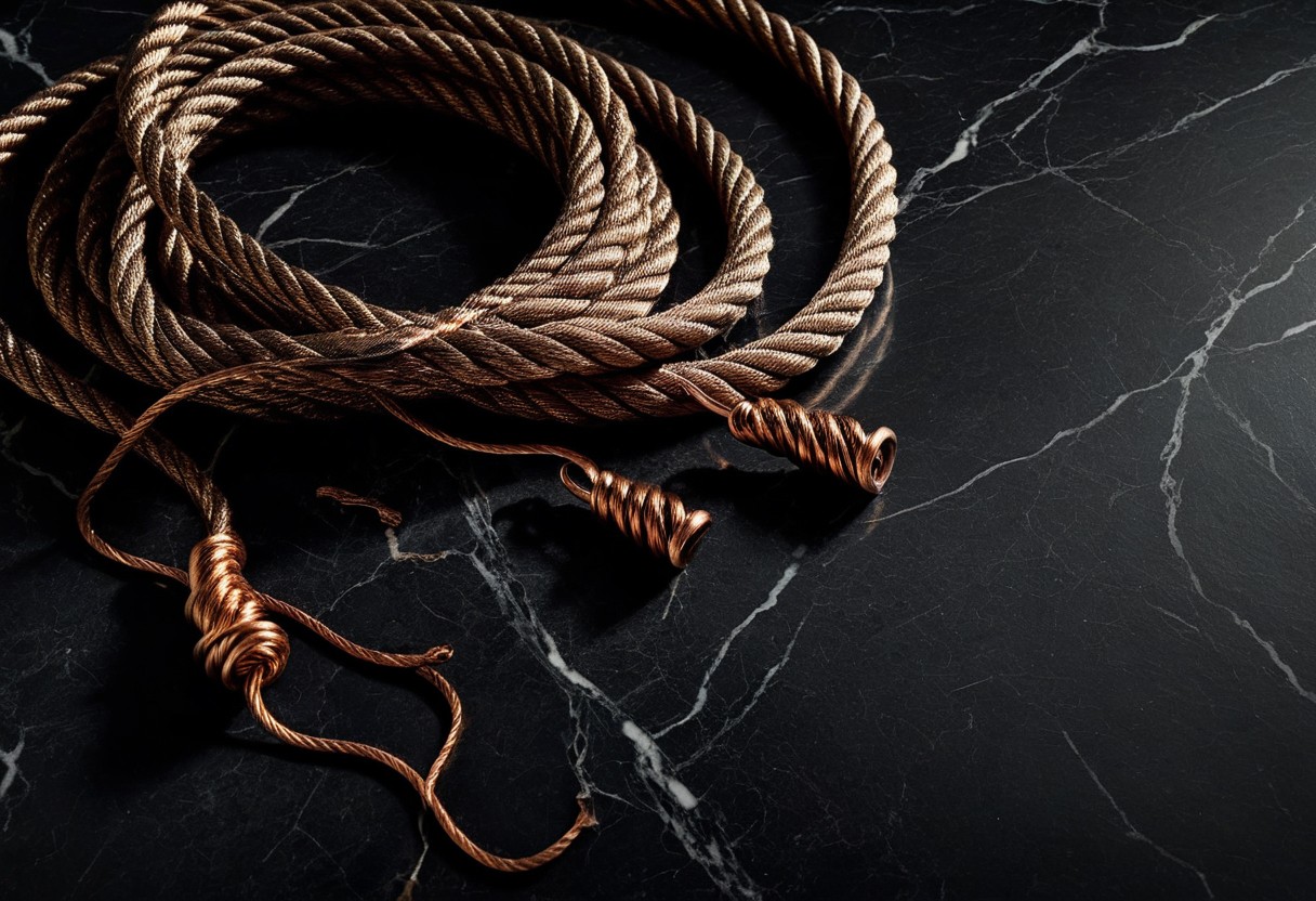 Coiled rope with frayed ends scattered across dark marble surface, lit by dramatic side lighting.