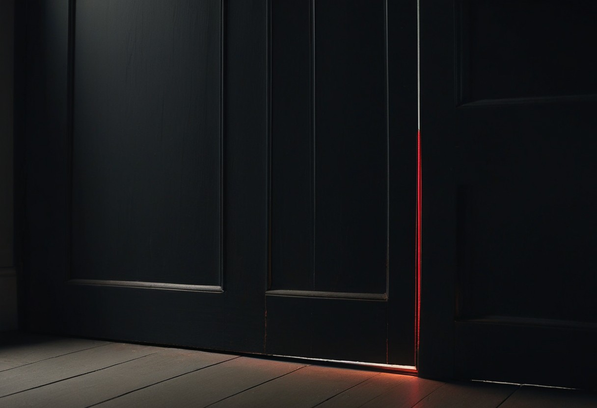 A closed wooden door with a red line drawn along its frame and warm light visible beneath.