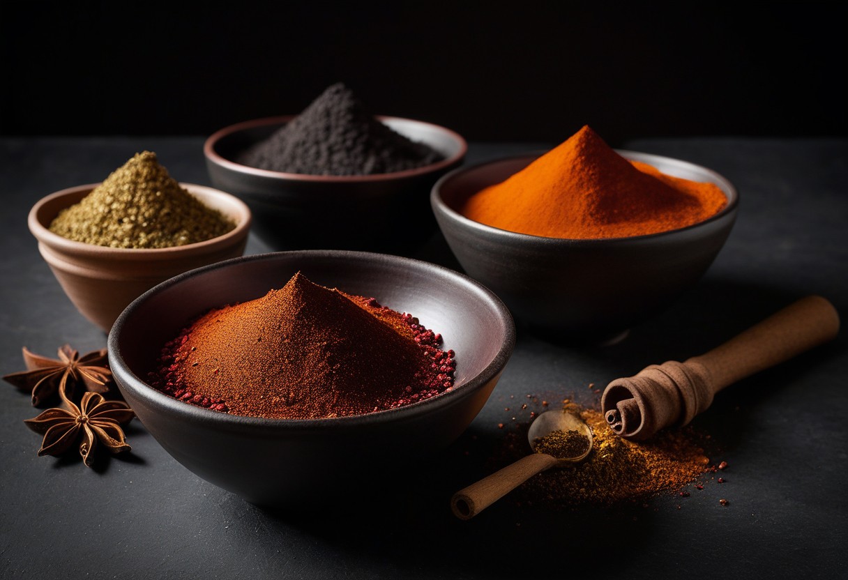 Shallow ceramic bowls containing spices in ochre and crimson tones arranged on a surface with warm lighting.