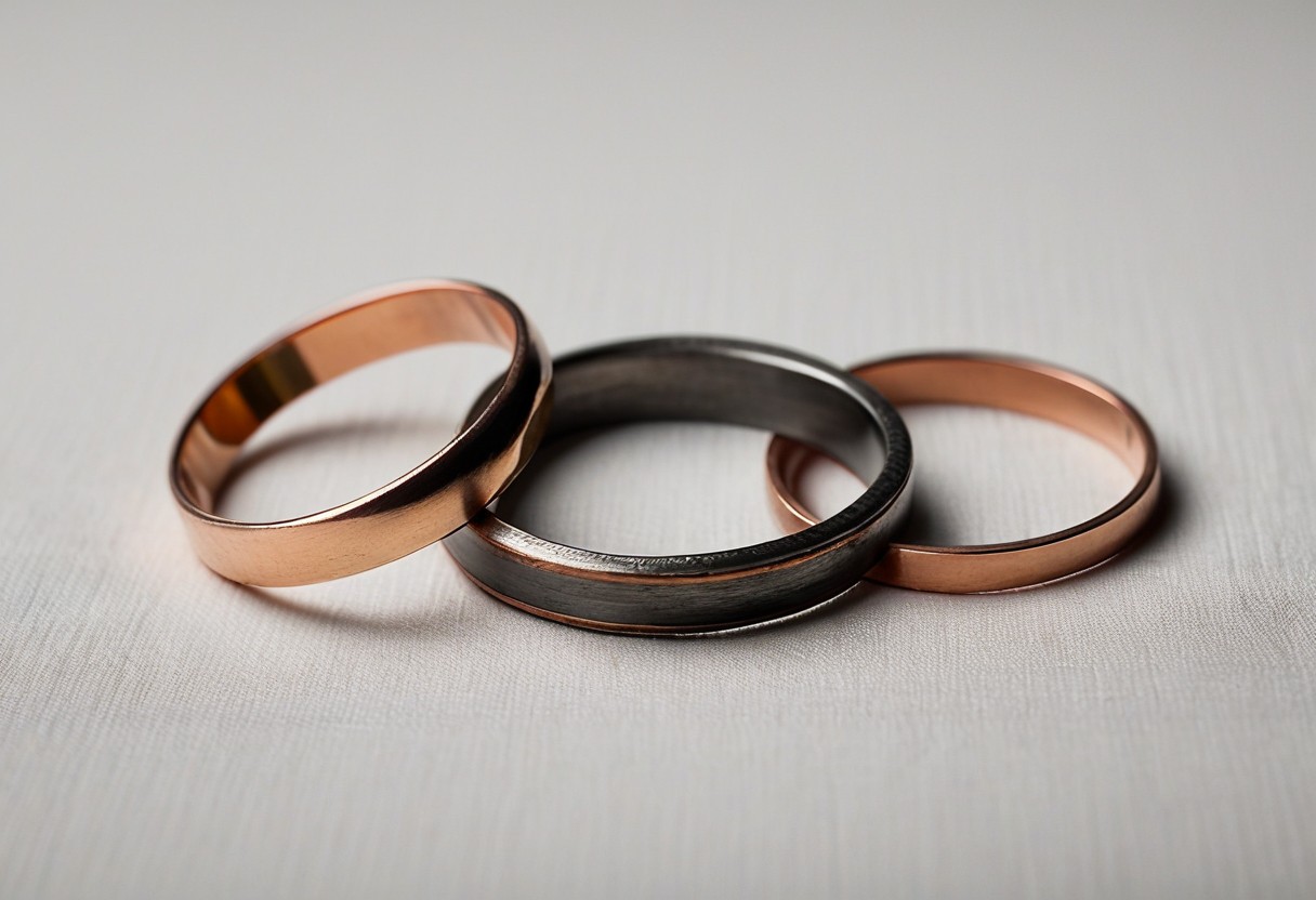 Two interlocking metal rings, one silver and one gold, rest on white linen with sharp shadows cast beside them.