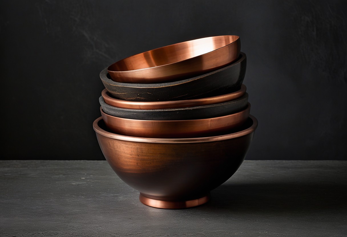 Nested wooden bowls of different sizes stacked inside each other on pale concrete, lit by a single warm lamp against a dark background.
