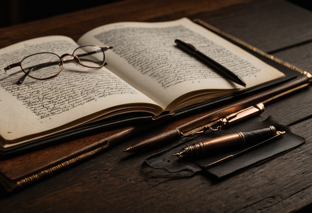 Open handwritten ledger with ruled pages, fountain pen at margin, reading glasses beside it on dark wood surface.