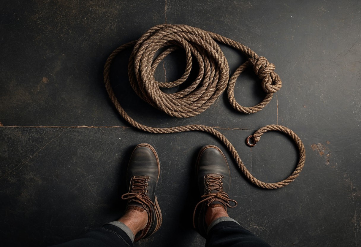 Coiled rope with bound wrists and ankles in tight parallel loops on a weathered stone floor, viewed from above.