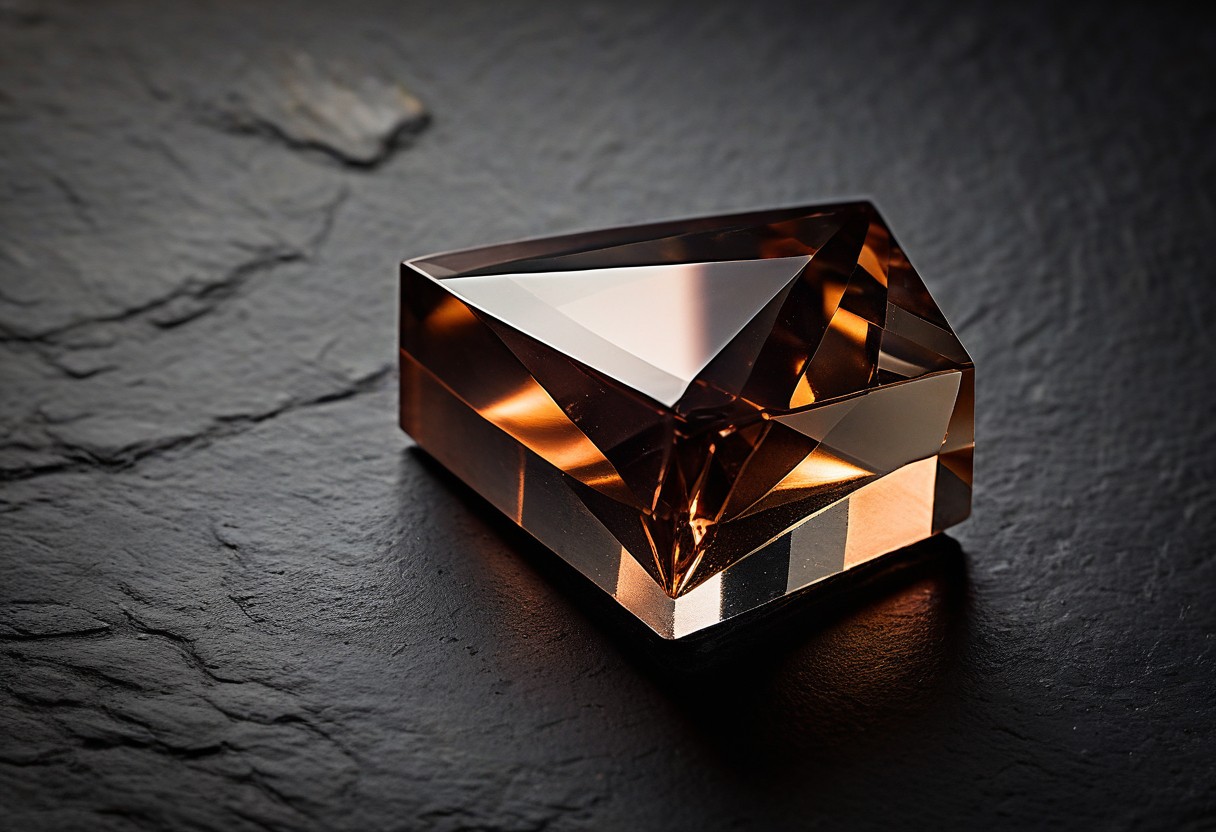 A glass prism on dark stone refracts warm light into a soft spectrum across the surface.