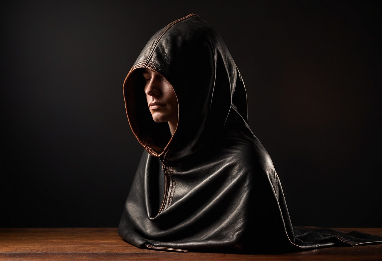 Black leather hood rests on a wooden head form against a dark background with dramatic studio lighting.