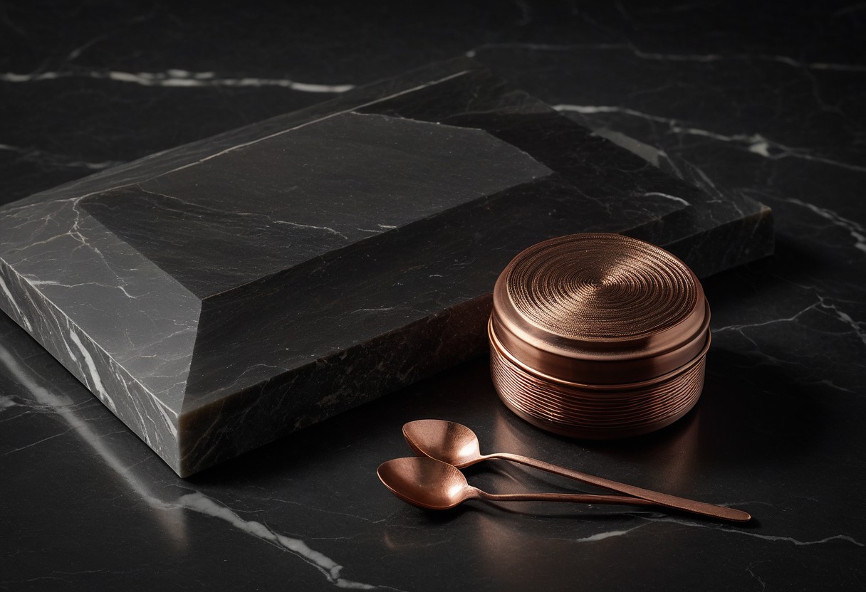 Sheer nylon pooled on marble, light refracting through layers, subtle sheen against cool stone, lit by a single warm lamp against a dark background.