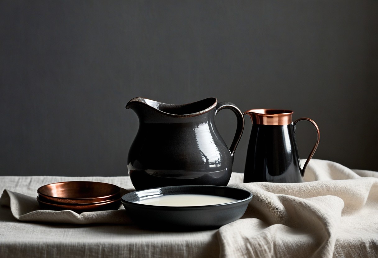 White ceramic milk jug and half-filled enamel bowl sit on folded linen cloth under soft window light.