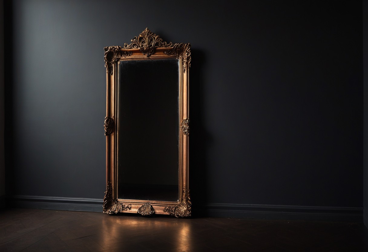 Ornate gilded mirror reflects a bare white wall, illuminated by a single bright spotlight.