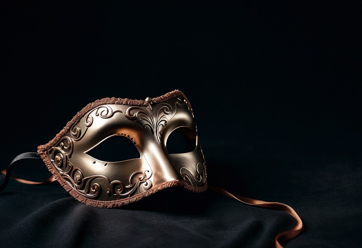 An ornate masquerade mask lies face-up on dark fabric, illuminated by a narrow beam of light.