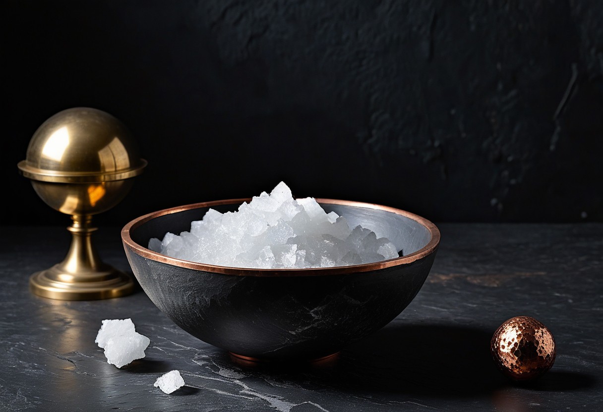 Frosted glass bowl of crushed ice beside a heated brass sphere on weathered slate surface under diffused light.