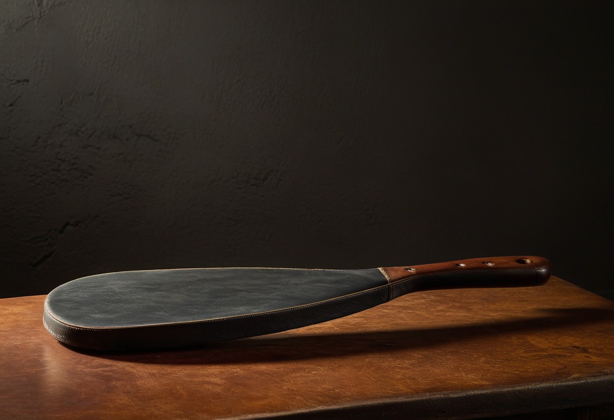 Wooden paddle rests on a worn leather bench with soft morning light casting a long shadow across the wood grain.