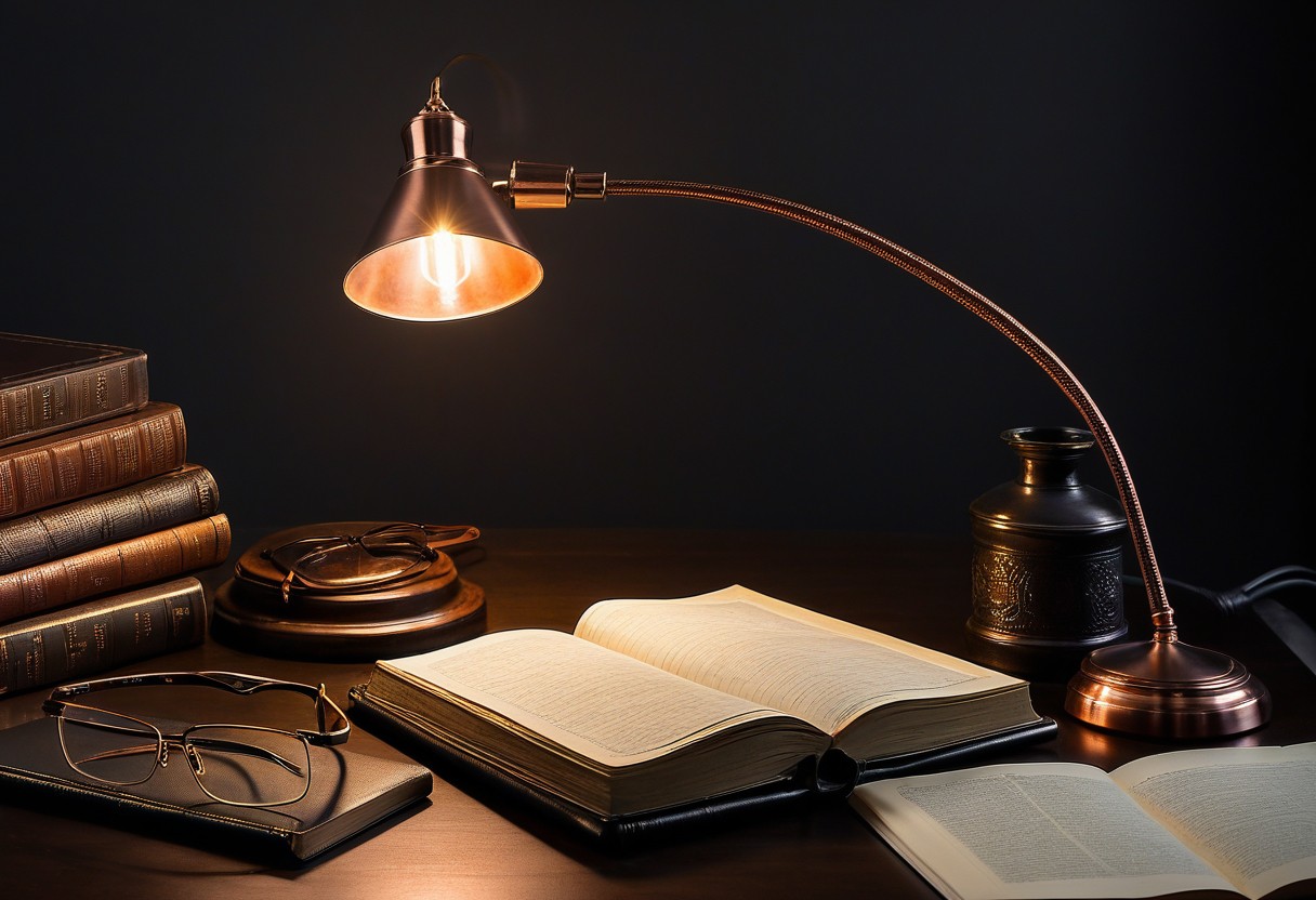 Open leather journal with handwritten pages beside stacked medical reference books and eyeglasses, illuminated by desk lamp.