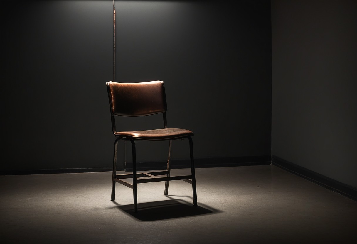 Metal chair with interrogation room setting, harsh overhead fluorescent light creating sharp shadow on bare wall.