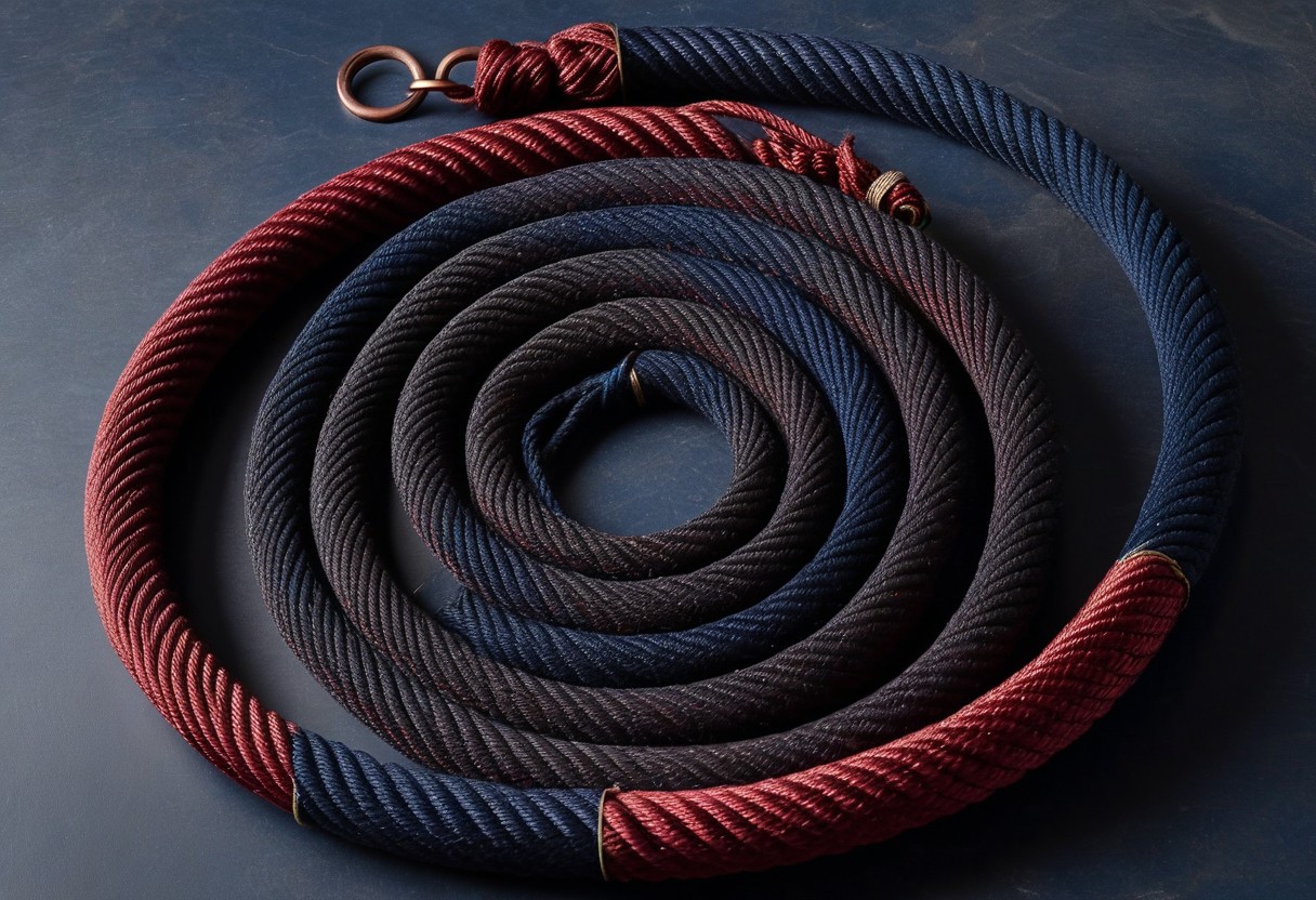 Crimson and indigo silk ropes coiled in concentric circles on pale stone with geometric shadows.