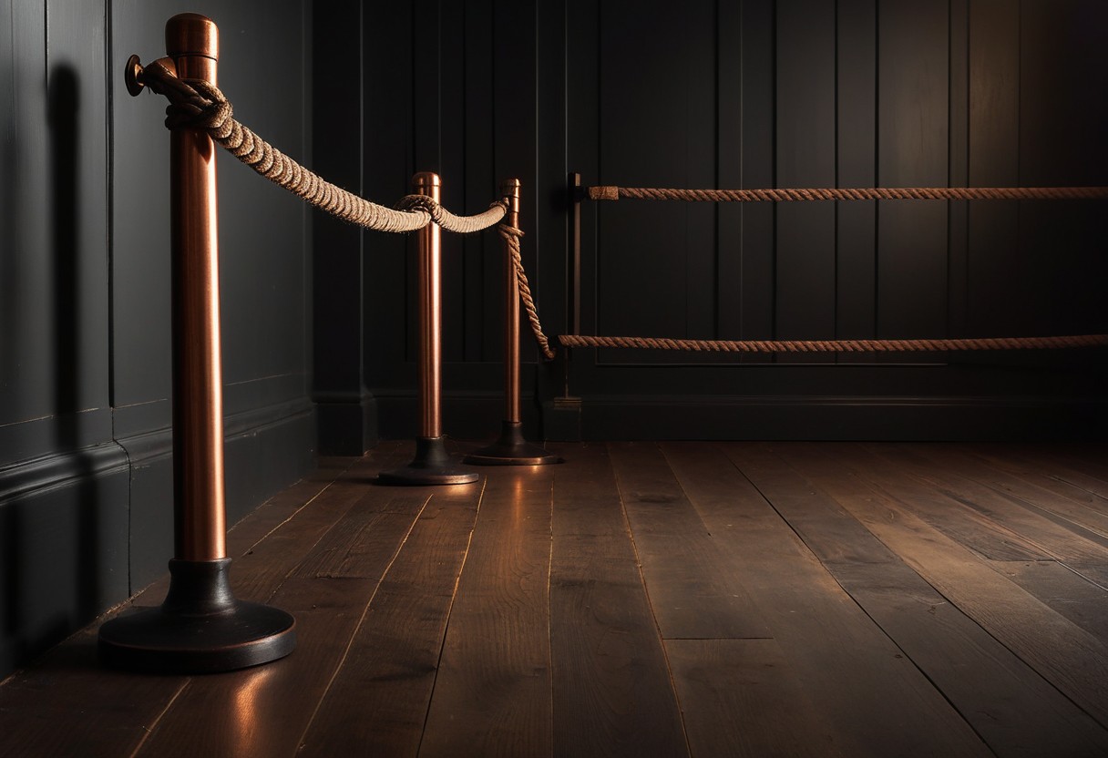 Velvet rope stretched between two wooden posts, with polished floor and warm amber lighting visible beyond.
