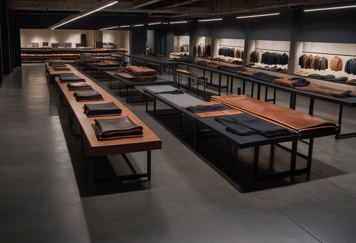 Vendor tables in rows display folded garments and leather goods under overhead track lighting, creating sharp shadows on polished concrete.