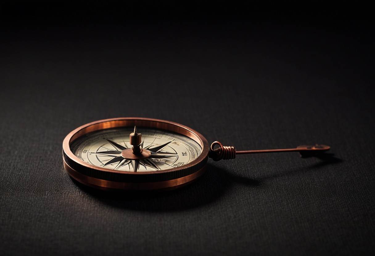 Compass with needle pointing north rests on pale linen fabric, casting a long shadow in warm golden light.