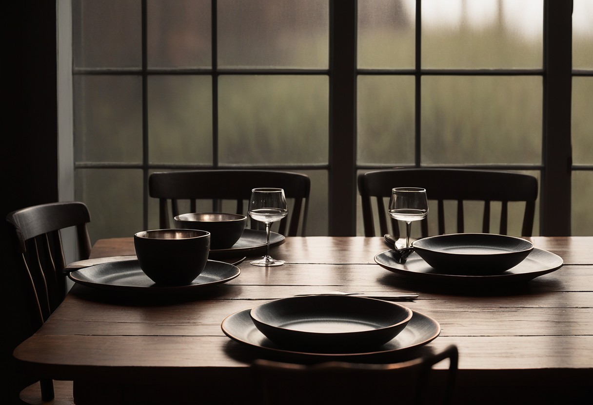 Four place settings with plates, glasses, and utensils arranged on a wooden table with empty chairs beside soft window light.