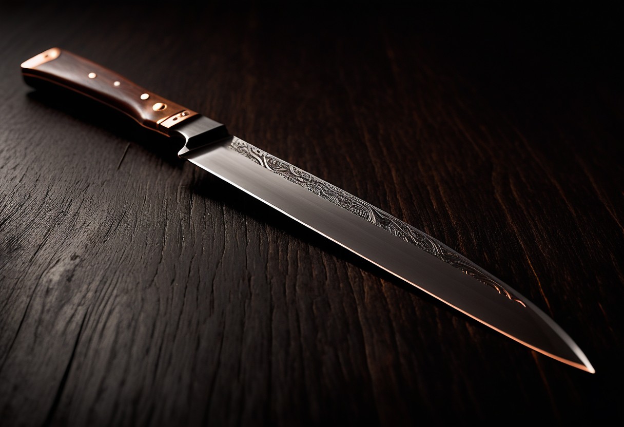 Polished blade rests horizontally on dark wood with sharp shadow beneath, edge illuminated by amber light.