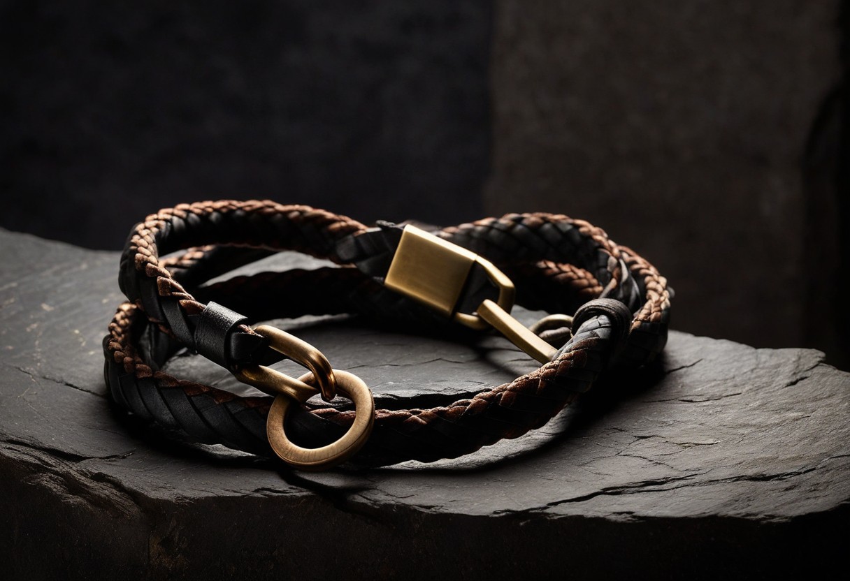 Braided leather strap looped through a brass ring, draped across weathered stone with dramatic side light, lit by a single warm lamp against a dark background.