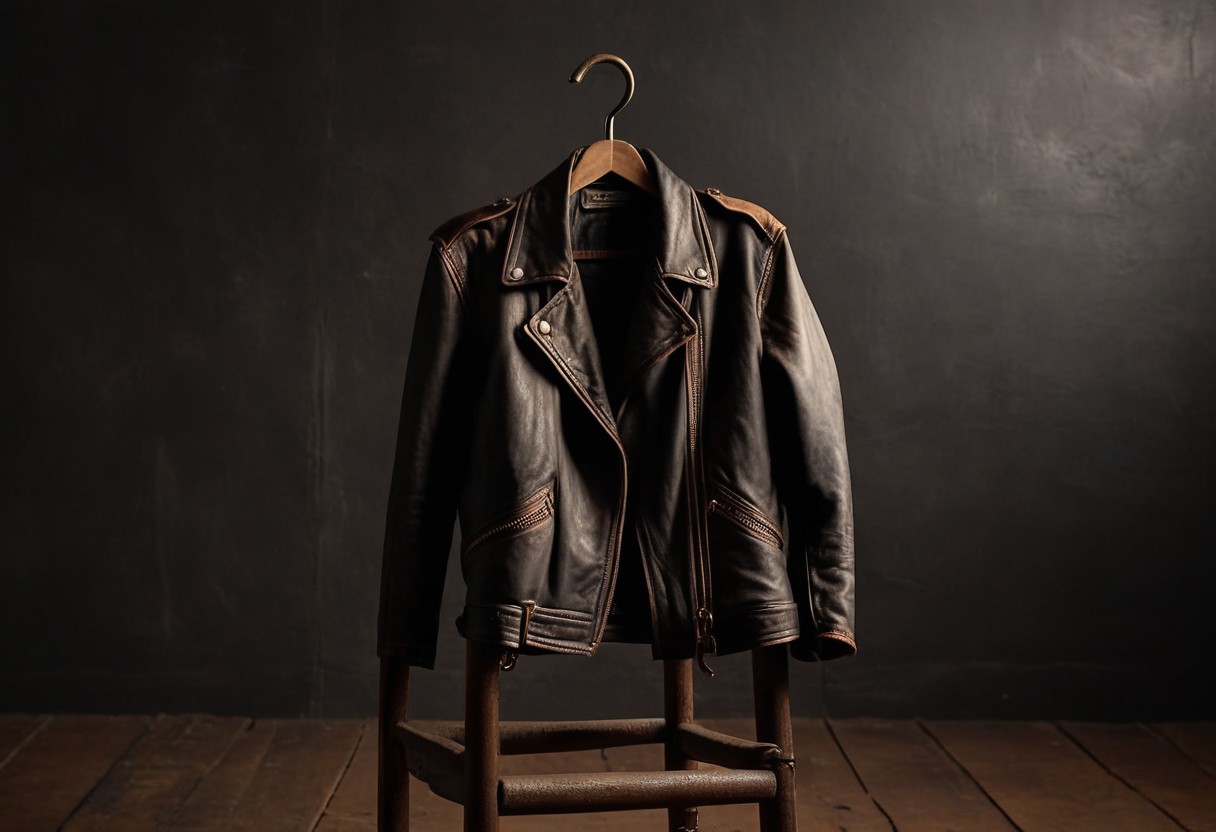 Aged leather jacket draped over a wooden chair, buckles catching studio light, empty room background, lit by a single warm lamp against a dark background.