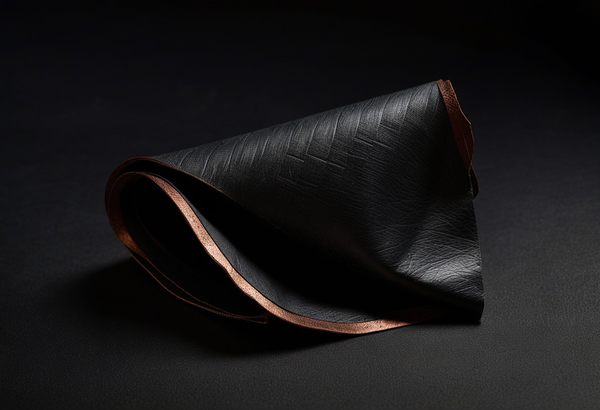 A material study of folded black latex, worn leather grain and pale silk layered on a dark surface, macro texture detail, lit by a single warm lamp against a dark background.