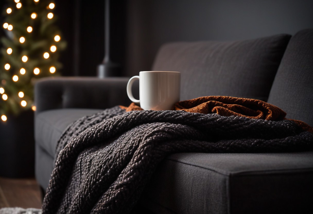 Soft chenille blanket and steaming mug rest on a deep sofa with blurred string lights in the background.