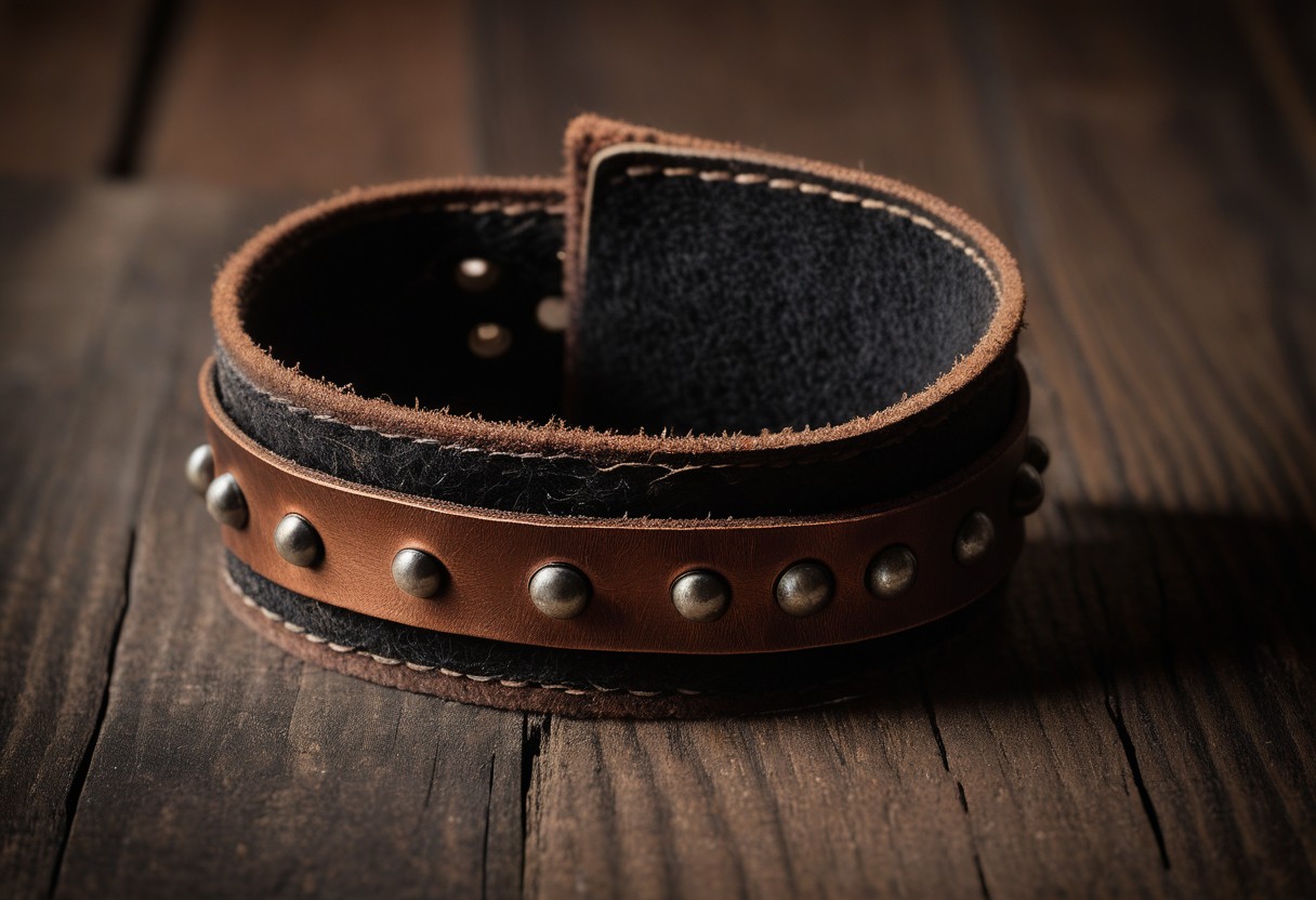 Worn leather wrist cuff with fleece lining rests on weathered wood in amber light.
