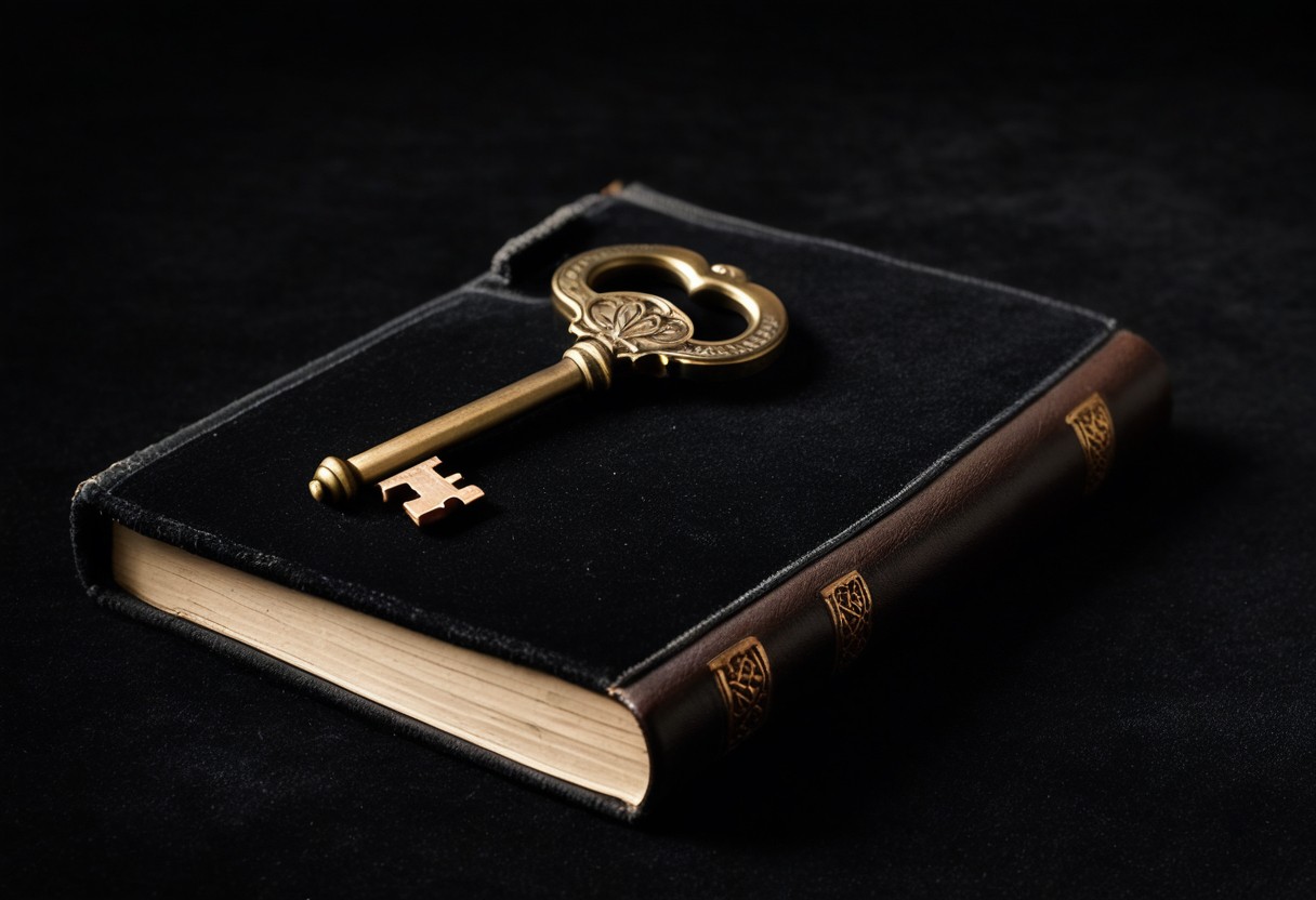A small brass key lies on black folded velvet next to a closed leather-bound book.