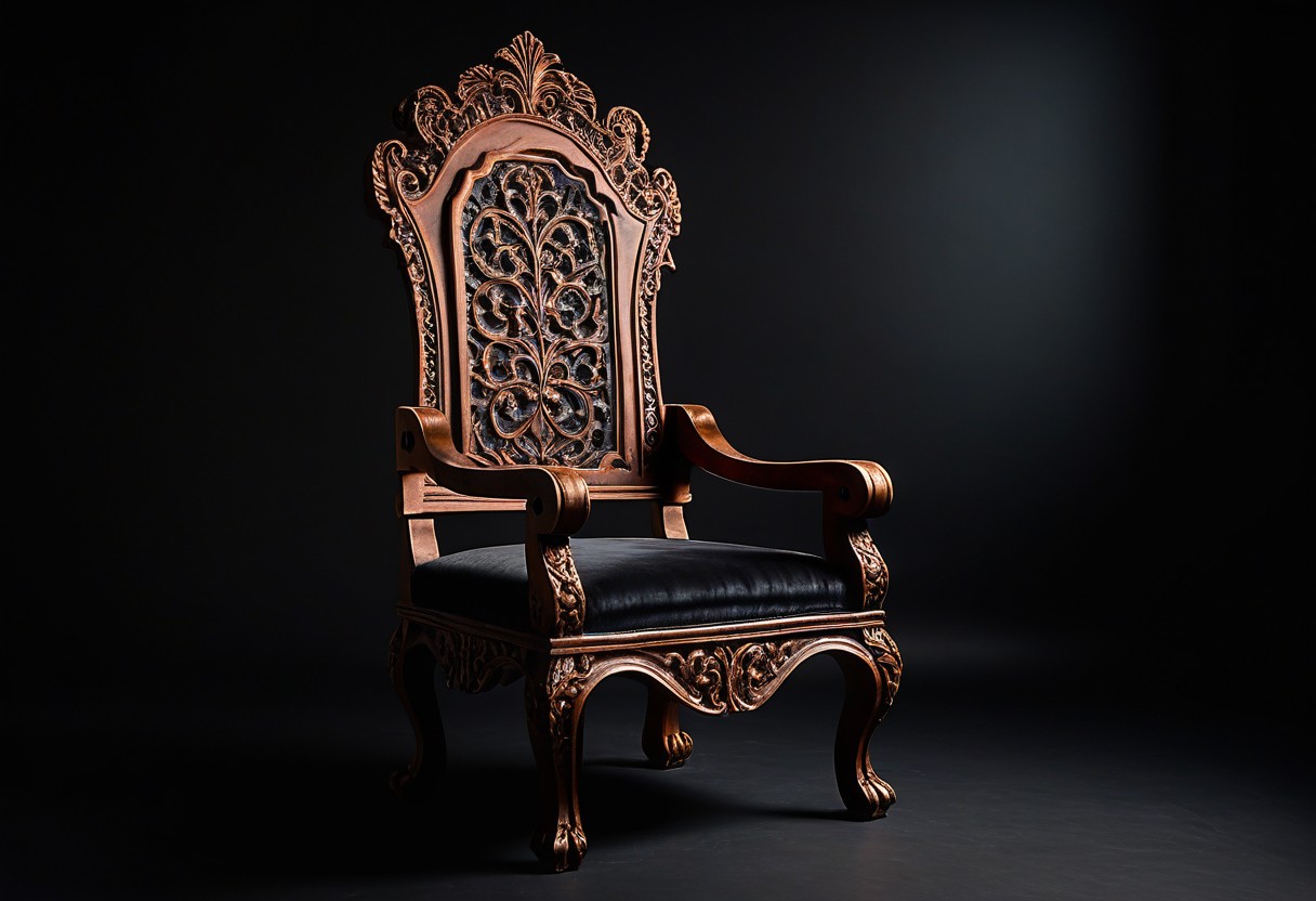 Ornate wooden throne with carved back and worn velvet cushion, illuminated by side lighting casting deep shadows.